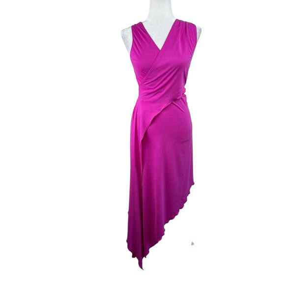 Topshop Cut Out Jersey Lettuce Hem Asymmetric Midi Dress in Magenta Pink 4/6 NWT - Picture 1 of 16